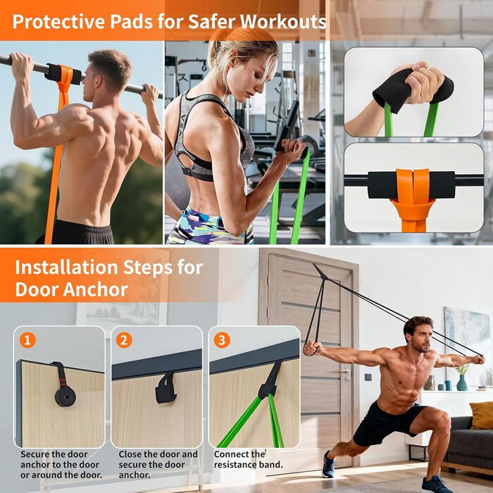 Набір еластичних стрічок Fokky для фітнесу, 4 рівні, з дверним кріпленням та захисними подушечками, для силових тренувань, чорний, фіолетовий, зелений, помаранчевий