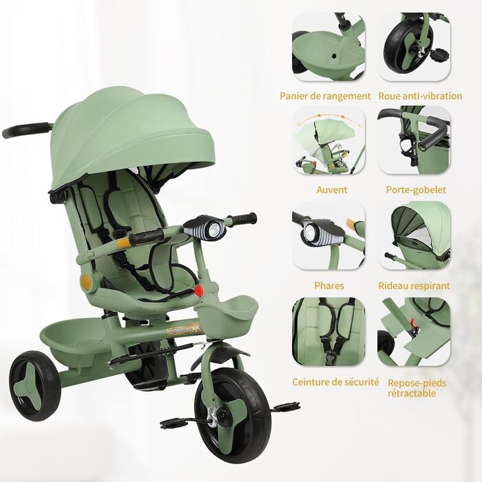 Триколісний велосипед для малюків, 5 в 1, з можливістю росту, велосипед-візок, поворотний сидіння 360°, штовхач, знімний капюшон, 3-точкова система безпеки, кошик для зберігання, 1-5 років (Зелений)