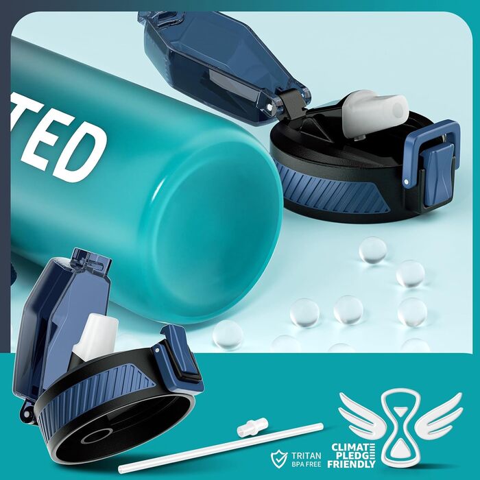 Спортивна пляшка для води 1л Tritan без BPA з трубочкою, з маркуванням часу та щіткою, для фітнесу, школи, йоги, відпочинку на природі (1 шт.), темно-синій