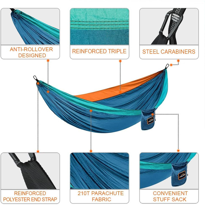 Гамак Anortrek Outdoor для відпочинку на природі, 280x140 см, 249 кг, з ременями для дерев, дихаючий нейлон, для кемпінгу, подорожей, відпочинку в саду (Blue/ Dark Blue/ Orange)