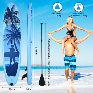 Надувна SUP-дошка HOMASIS 335x76x16 см для серфінгу з веслом, насосом, рюкзаком, центральним плавцем і ременем безпеки, синя, для підлітків і дорослих