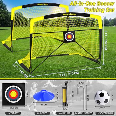 Ворота для футболу Happy Jump Pop-Up – складані, для дітей та дорослих | 1 або 2 ворота: 120x90 / 152x110 / 213x152 см | З м'ячем, насосом, конусами та мішенню | Для саду та подарунка