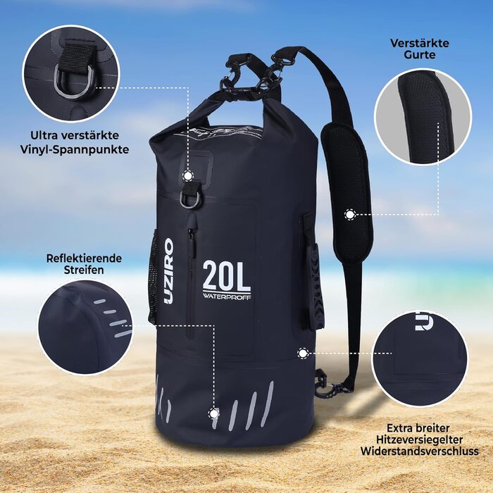 Водонепроникний рюкзак UZIRO 20L, Dry Bag, чорний