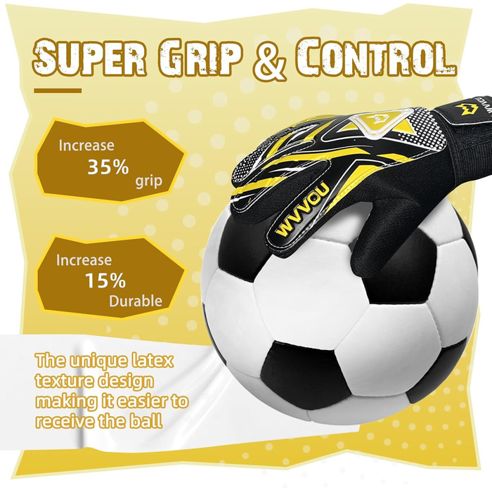 Воротарські рукавички WVVOU для дітей та підлітків, футбольні, з подвійним захистом, зручні, з супер зчепленням (жовті, розмір 9)