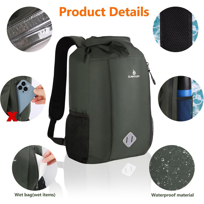 Водонепроникний рюкзак Dry Bag 20L, IPX8, з кишенею для телефону, для плавання, каякінгу, рафтингу, кемпінгу (Зелений)