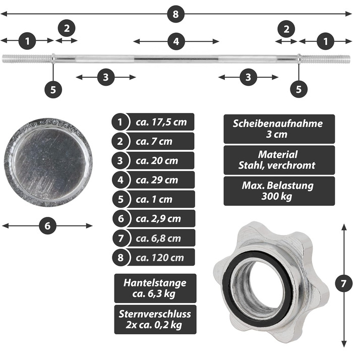 MAXXIVA штанга 120 см, силова, хромована, зірковий замок, для фітнесу, бодібілдингу, важкої атлетики