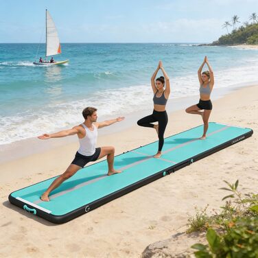 Гимнастичний надувний мат Airtrack CASSILANDO для тамблінгу та йоги, 500x100x10 см, м'ятно-чорний (з помпою)