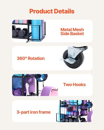 Стойка для йоги та гантелей VEVOR з коліщатами та гачками - 105 x 41 x 89 см