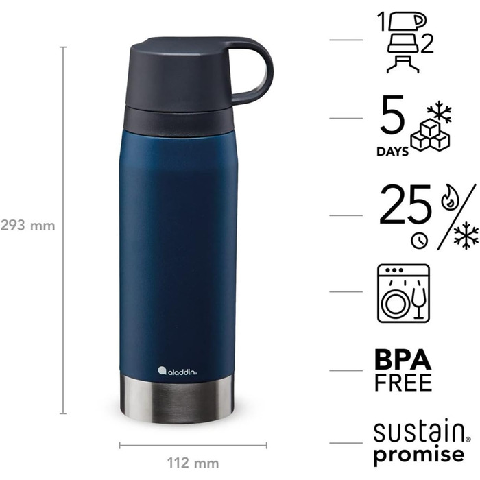 Термос Aladdin CityPark Thermavac 1.1 л з двома чашками, нержавіюча сталь, синій, BPA Free, зберігає тепло/холод до 25 годин, герметичний, можна мити в посудомийці