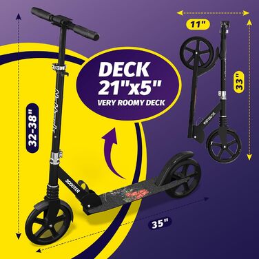 Nattork Kick Scooter з міцними колесами для підлітків та дорослих - чорний, вантажопідйомність 100 кг, амортизатор та регульоване кермо