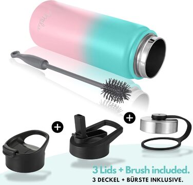 Термофляга Milu з нержавіючої сталі 500мл, 750мл, 1л (+3 кришки) з трубочкою, подвійні стінки, ізольована, для газованої води (М'ятно-рожевий)