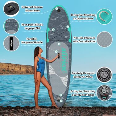 Надувний SUP-борд ALLPICK Premium Set: Комплект для станд-ап паділінгу з аксесуарами, кріпленням для камери та регульованим веслом (200 кг, Сіво-бірюзовий)