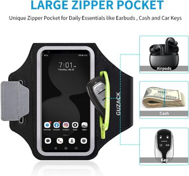 Спортивний браслет на руку для бігу з відділенням для телефону та ключей, чорний. Сумісний з iPhone 17/16/15/14/13/12/11 Pro Max/Plus та іншими смартфонами до 6.9 дюймів