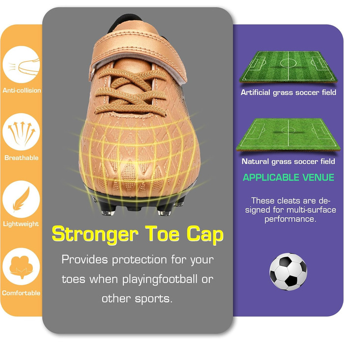 Дитячі футбольні бутси DimaiGlobal з шипами для хлопчиків та дівчаток, зала/штучний газон, кеди для міні-футболу, професійні тренувальні бутси (33 EU, Gold)