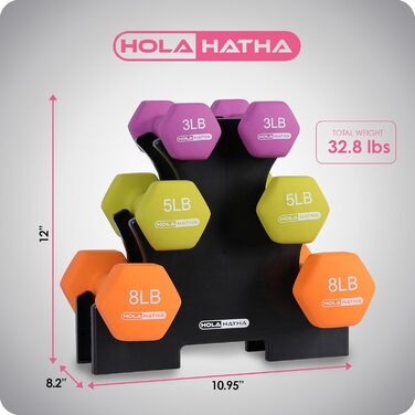 Набір гантелей HolaHatha з підставкою 1, 2, 3 кг для жінок, шестигранні, ідеальні для домашнього фітнесу та силових тренувань