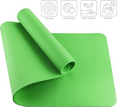 Килимок для йоги BODYMATE Premium TPE 183x61 см, нековзкий, фітнес-мат для йоги, пілатесу, спорту, товщина 6 мм, зелений