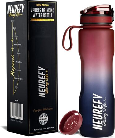 Пляшка для води NEUREFY 1 л із тритану, червона і синя, не протікає, зручна, BPA Free, зі шкалою та ситечком – спортивна пляшка для фітнесу, тренажерного залу, офісу, навчання, школи, для активного відпочинку