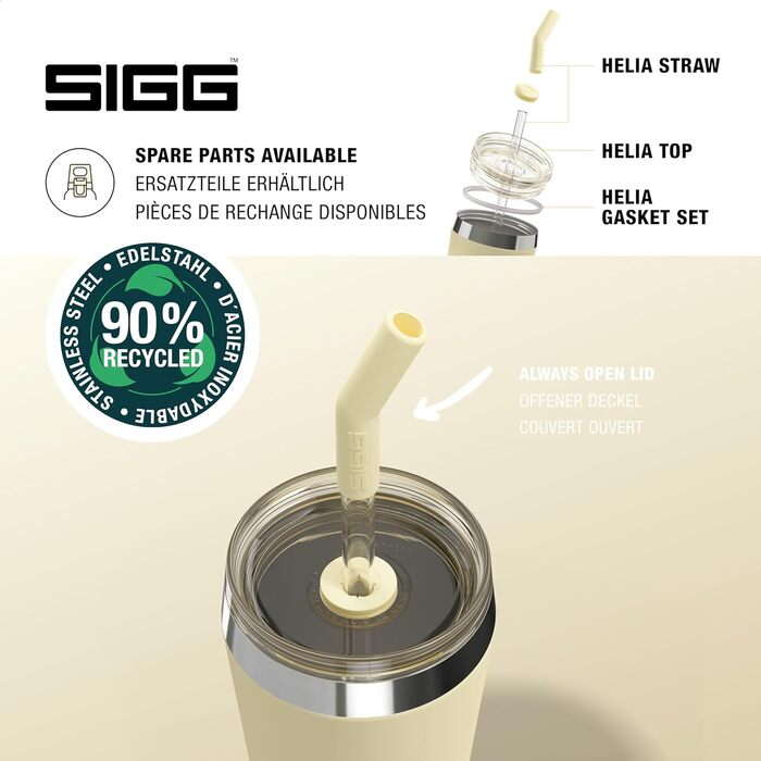 Термочашка SIGG Travel Mug Helia 0,6 л Optimistic Yellow, нержавіюча сталь 18/8, скляна трубочка, щітка для очищення, герметична, BPA-free