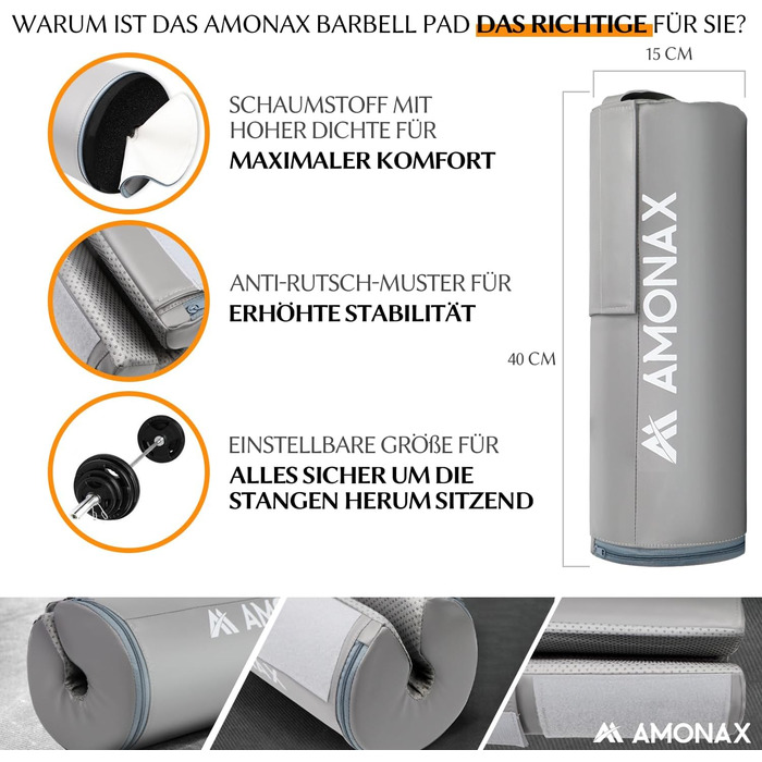 AMONAX Преміум подушка для штанги, товста накладка для гіп-трасту, міцний фітнес аксесуар для чоловіків і жінок, сіра