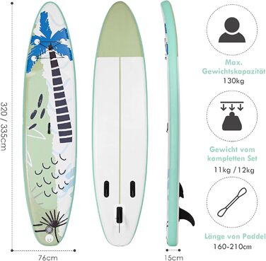Надувна SUP-дошка COSTWAY 320x76x15 см, зелена, з веслом, насосом, рюкзаком, центровим кілем, страховочним шнуром та ремкомплектом