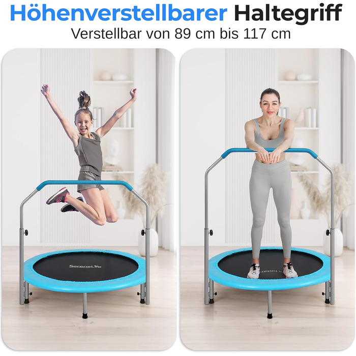 Трамплін SereneLife для дому, діаметр 102 см – складний ребаундер з регульованою висотою та пружинним ефектом, до 150 кг, для кардіотренувань та спорту, небесно-блакитний