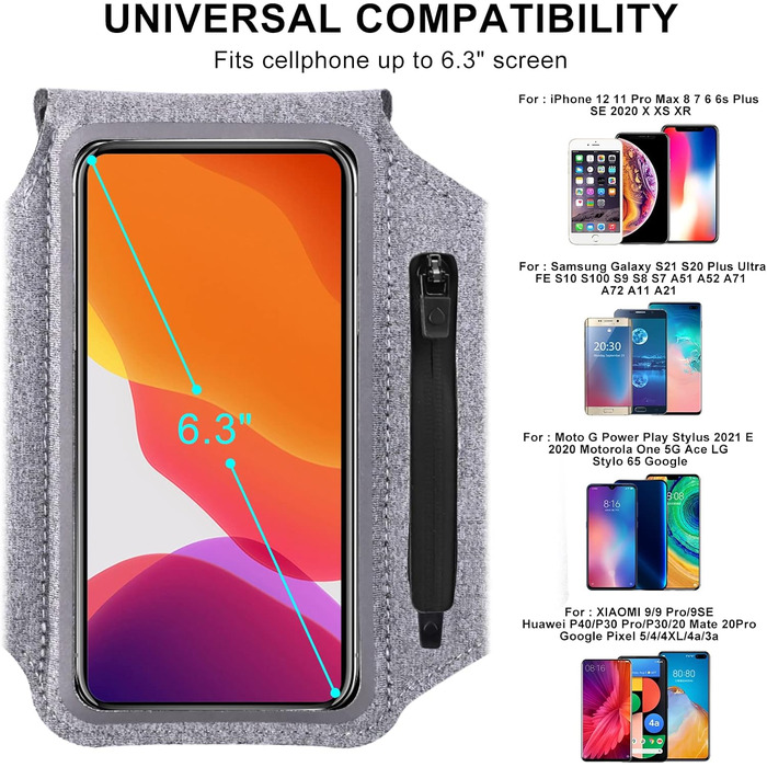 Спортивний браслет на руку для бігу з навушниками та кишенькою для ключів, підставка для телефону, чорний (оновлена, до 6.9')