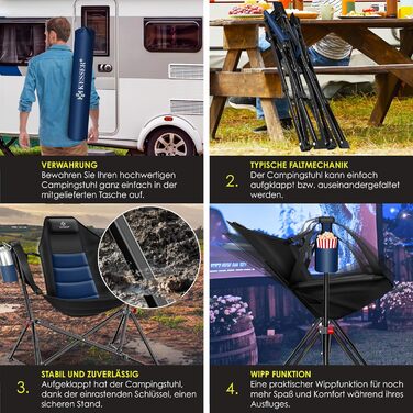 Крісло для кемпінгу KESSER® зі спинкою, 160 кг, з підсвіткою та тримачем для напоїв | Розкладне крісло-гойдалка для риболовлі, пляжу, відпочинку, хакі (темно-синій/чорний)