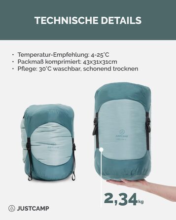 Спальний мішок Justcamp Melvin - 3 сезони (4-25°C) - 80 см, для дорослих та дітей, Mint