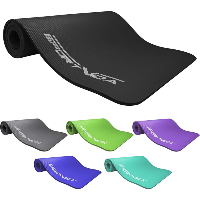 Килимок для йоги SportVida з нековзким покриттям, NBR, 180 x 60 x 1 см. Килимок для фітнесу, тренувань вдома, з ручкою для перенесення, 2 розміри, 6 кольорів (чорний, бірюзовий)