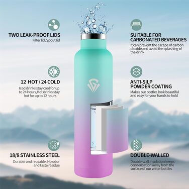 Термофляшка 1000 мл, не містить BPA, з нержавіючої сталі, подвійні стінки, ізольована, з трубочкою, для газованої води (зелений & фіолетовий)