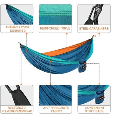 Гамак Anortrek Outdoor для відпочинку на природі, 280x140 см, 249 кг, з ременями для дерев, дихаючий нейлон, для кемпінгу, подорожей, відпочинку в саду (Blue/ Dark Blue/ Orange)