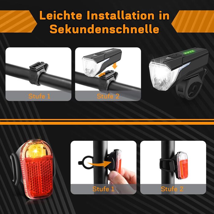 LED набір велосипедних фар 100 LUX, USB-зарядка, 2000 мАг, водонепроникні, сертифікат StVZO, для дітей та дорослих