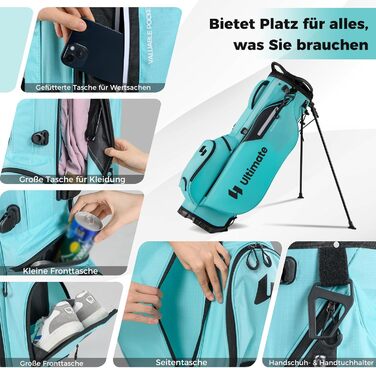 COSTWAY Гольф сумка на візку, сумка для гольфу з 8 відділеннями та водонепроникним чохлом, легка гольф сумка з 5 кишенями та підставкою, футляр для олівців портативна для чоловіків, жінок (Турквіс)