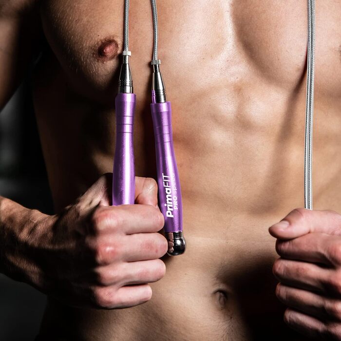 Скакалка PrimaFIT для дорослих, фітнес, професійна, 3м, регульована з обважнювачами, 2 підшипники, антиковзні ручки, для боксу, MMA, кросфіту, сталевий трос, чохол, фіолетова