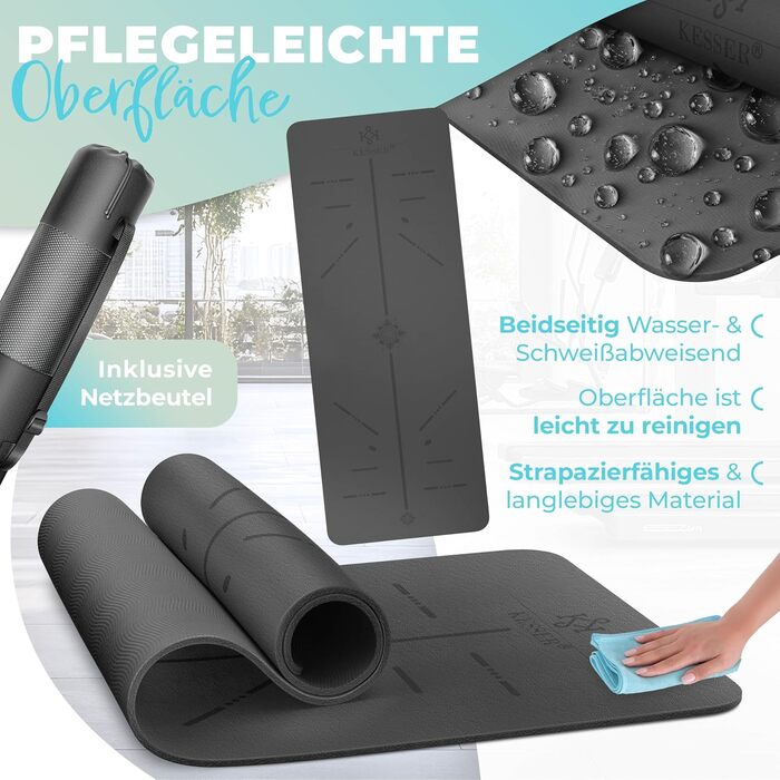 Килимок для гімнастики KESSER® з ручкою для перенесення, TPE, антиковзкий, для йоги, фітнесу, пілатесу та тренувань, 183 x 61 см