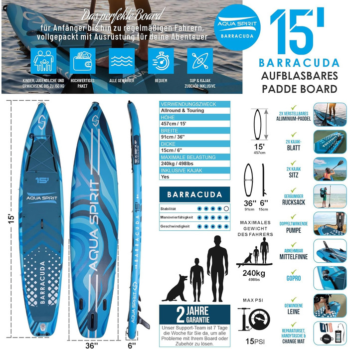 Надувна SUP-дошка Aqua Spirit 2024, комплект з веслом, рюкзаком і насосом, розміри 320x81x15 см / 457x91x15 см, для дорослих початківців та експертів, 2 роки гарантії