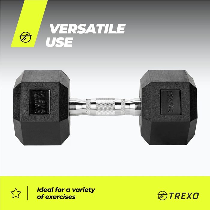 Гантеля TREXO Hexagon 12,5 кг, шестигранна, гумова, чавунна, для силових тренувань вдома, з ергономічною ручкою
