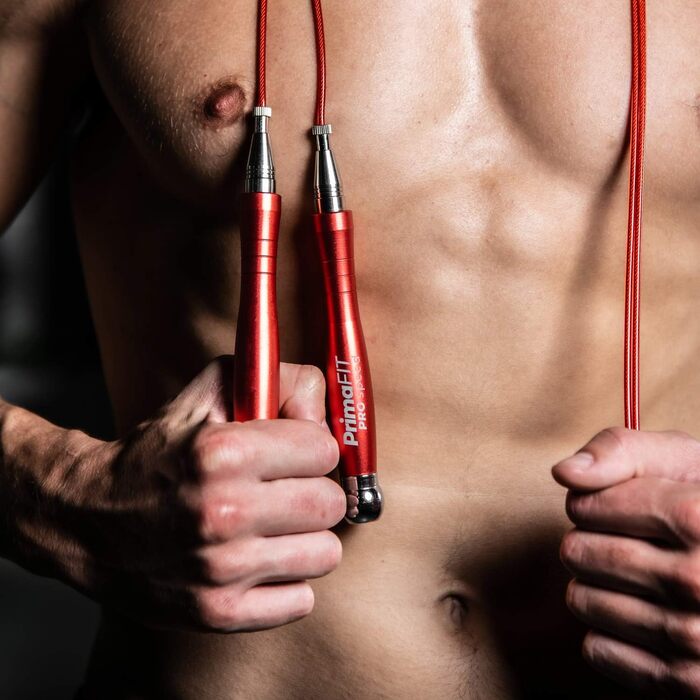 Скакалка PrimaFIT для дорослих 3м, регульована з обважнювачами, 2 підшипники, антиковзні ручки, сталева мотузка, для боксу, MMA, кросфіту, з чохлом, червона