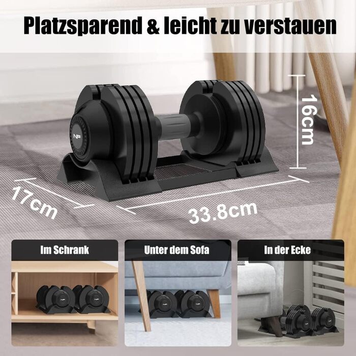 Регульовані гантелі Newpower Fitness 20 кг, 5 рівнів ваги, компактні для тренувань вдома, для чоловіків та жінок