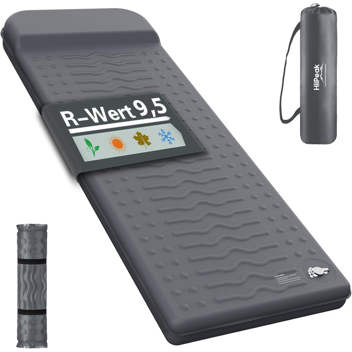 Кемпінговий килимок HiiPeak Isomatte R-Wert 9,5 з подушкою, ізольований, для зими та літа, зручний для кемпінгу, відпочинку на природі, піших прогулянок та наметів (сірий)