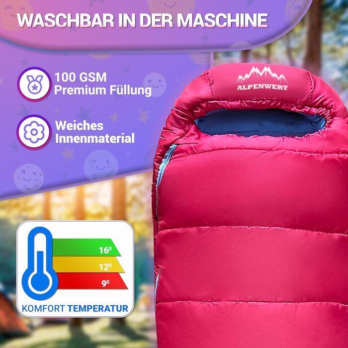 Дитячий спальний мішок Alpenwert® для літа – росте разом з дитиною! [130–170см] – Вага 920г, компактний [32×19см] – Ідеально для кемпінгу, фестивалів, відпочинку на природі – спальний мішок-кокон для дітей від 6 років, рожевий/світло-блакитний