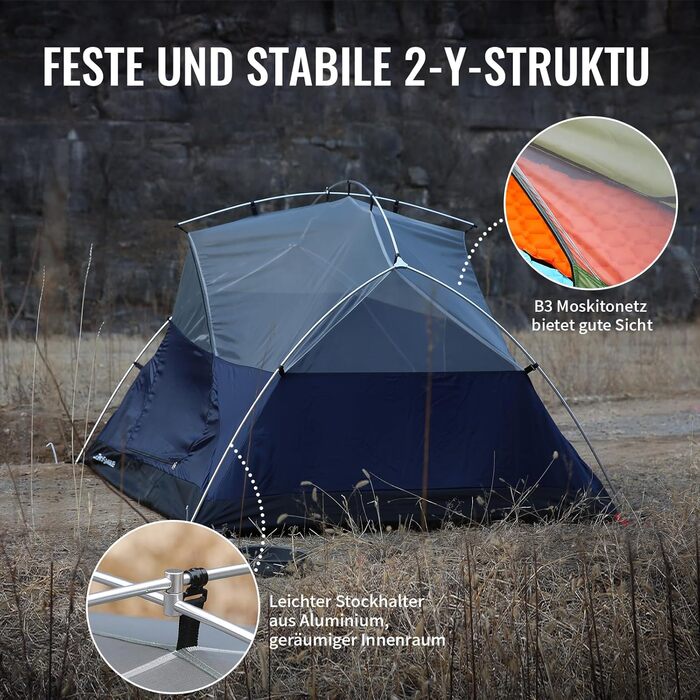 Намет EchoSmile для кемпінгу на 2-3 особи, водонепроникний PU3000 мм, туристичний намет-купол, 3-4 сезонний, для кемпінгу, походів та альпінізму, легко монтується, блакитний (2 особи)