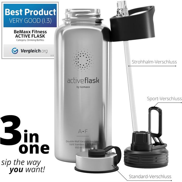 Термос пляшка з нержавіючої сталі ACTIVE FLASK 950 мл із соломинкою, 3 кришки, BPA-free, герметична, для газованих напоїв, велосипедна термобутилка для води, спорту, дітей, чаю