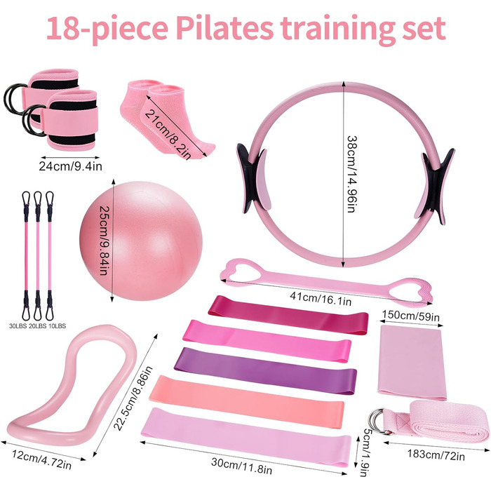 Набір для пілатесу 13 шт: кільце, фітнес-м'яч, еластичні стрічки, масажне кільце, для дому та фітнесу, рожевий
