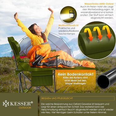 Кесер® Складне ліжко-стілець для кемпінгу 2в1 | Ліжко для риболовлі | З підсвіткою, тримачем для напоїв та сумкою | Макс. 160 кг | Хакі / Чорний