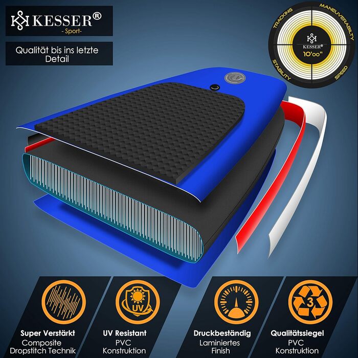 Надувна SUP-дошка KESSER® 6'' преміум для водного спорту, комплект аксесуарів, до 130 кг