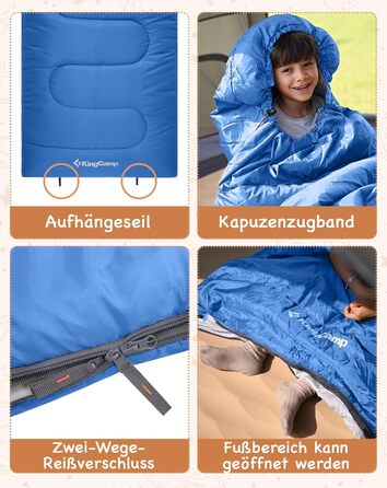 Сплячий мішок KingCamp для дітей, легкий, теплий, 3-4 сезони, для кемпінгу та піших прогулянок (Блакитний L)