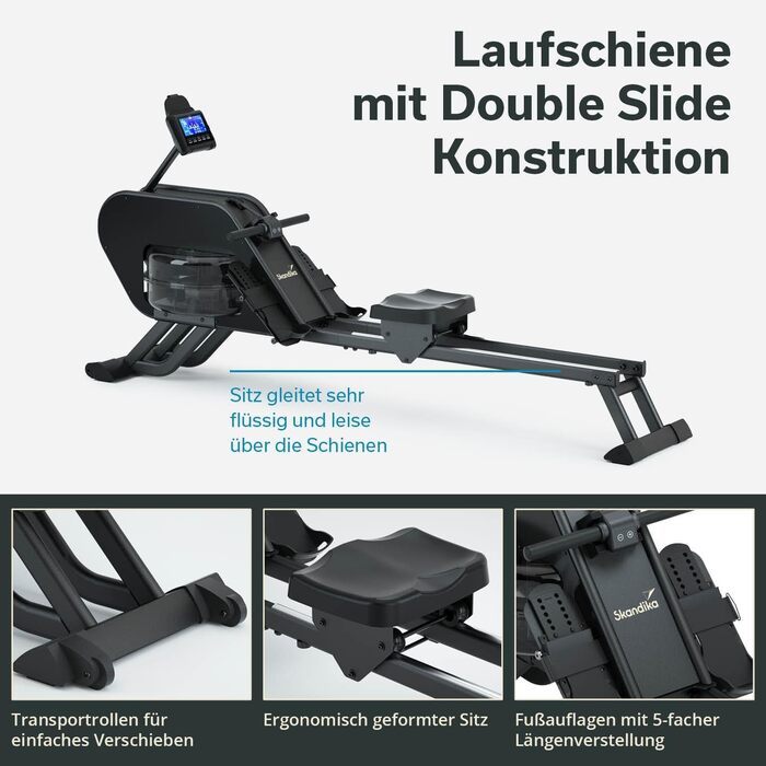 Гребний тренажер Skandika Nemo III Hybrid з водним та магнітним опором, 32 рівні електроні контролю опору, 15 програм, до 200 см, сумісний з додатком, для дому | Гребний тренажер, фітнес-обладнання для дому
