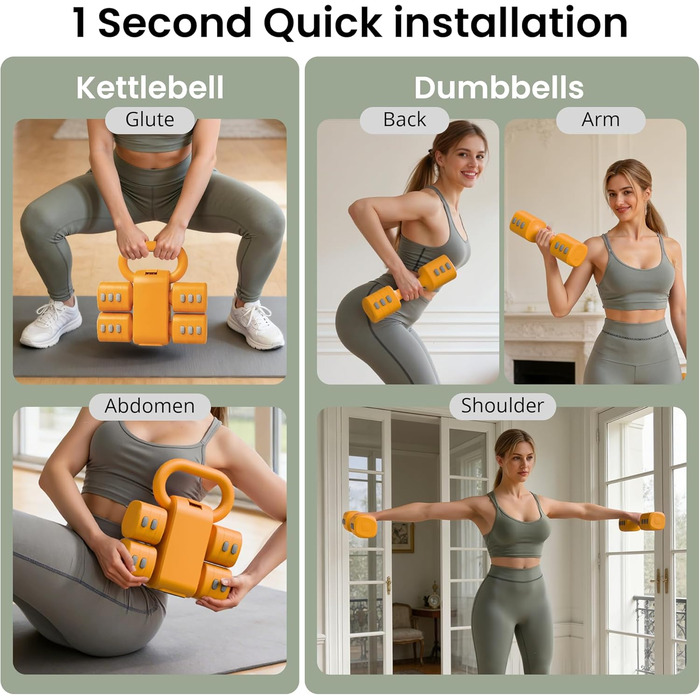 Набір 2-в-1: Регульовані гантелі та м'ячики-гантелі для фітнесу вдома, 4 ступені ваги (1-2.5 кг), для жінок, з антиковзним кріпленням. Жовтий колір.