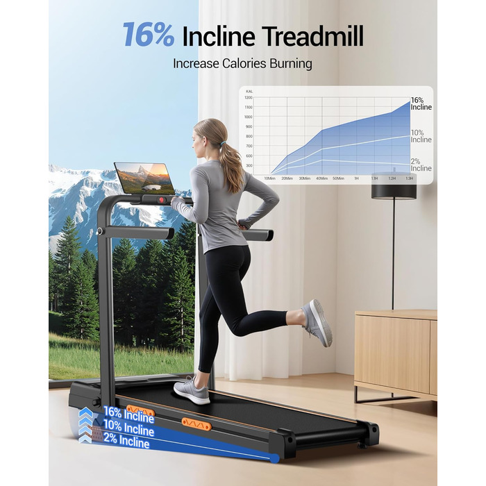 Біговий тренажер UMAY для дому, складаний, з нахилом 16%, 10 км/год, з пультом ДУ, LED-дисплеєм, з поручнями, потужність 2.5CV, максимальне навантаження 136 кг, 4 в 1